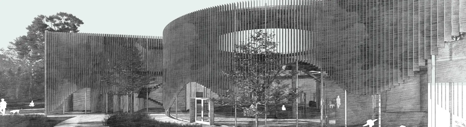Perspective of the centre courtyard in black and white: curved louvred walls, the circular courtyard and people on the grass