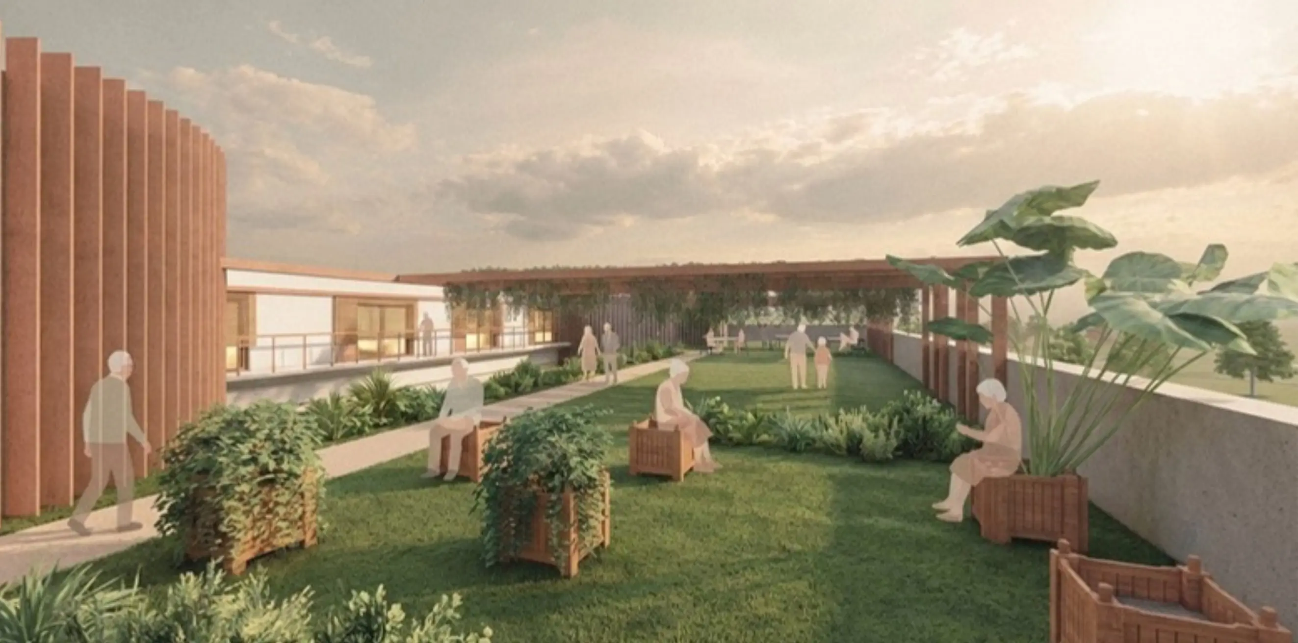 Therapy garden between the wings of the retirement home: lawn with movable planters, a pergola covered in climbers and residents seated among the greenery