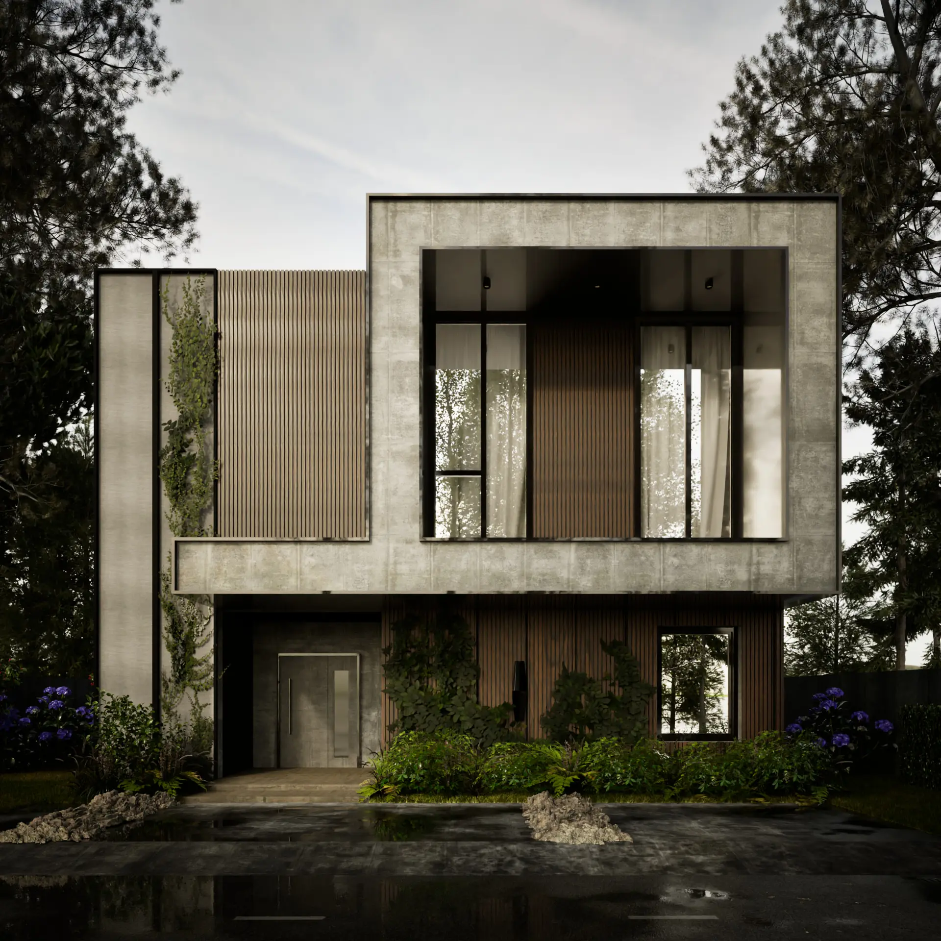 Two-storey house with a flat roof, elevation of exposed concrete and vertical timber slats, first floor cantilevered over the entrance, seen from the street in the diffuse light of an overcast day, wet surface with reflections — visualisation