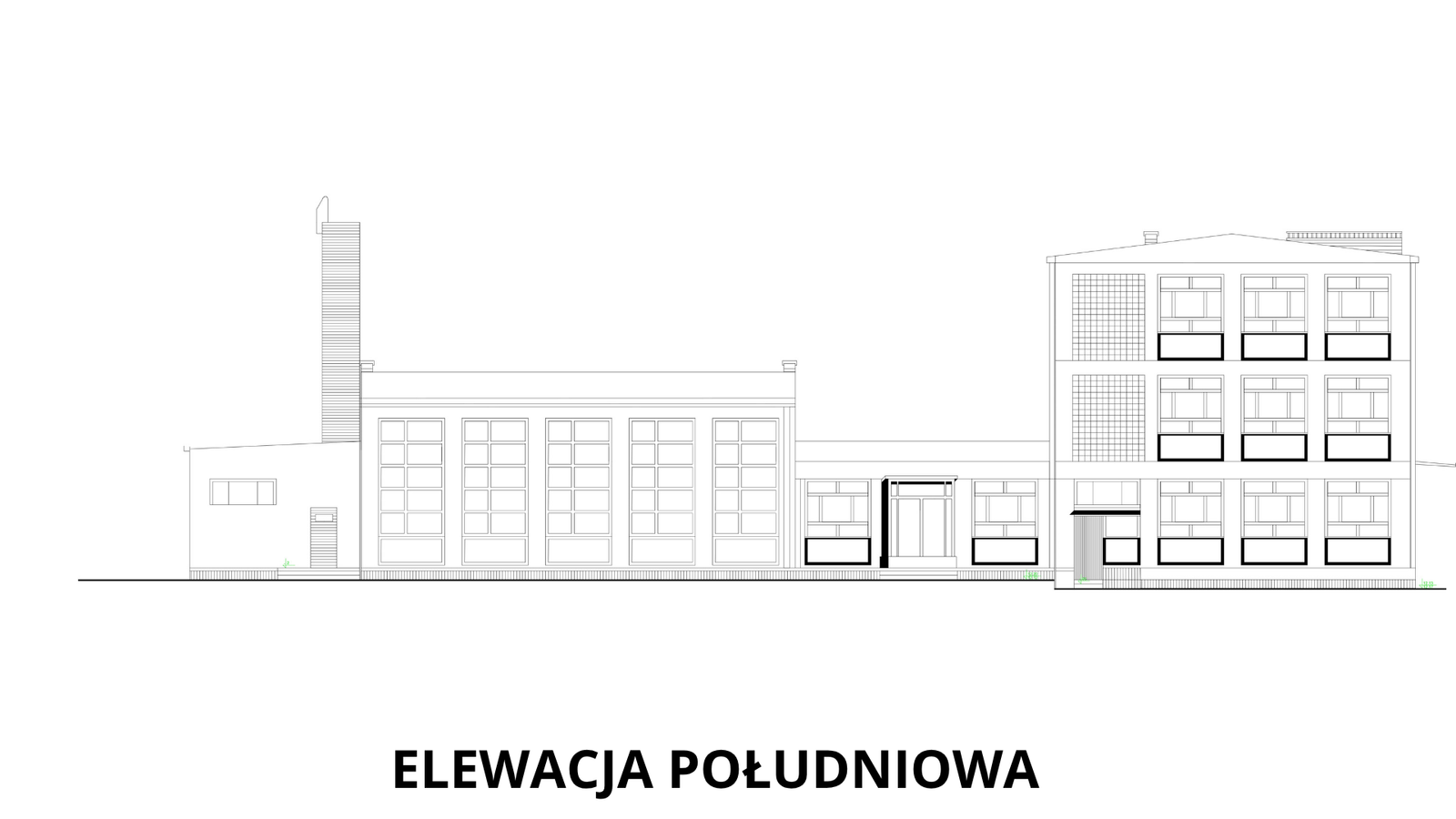 Elewacja południowa — Front budynku od strony wejścia: sala gimnastyczna po lewej, przeszklona część środkowa z zadaszonym wejściem i trzykondygnacyjne skrzydło dydaktyczne po prawej.