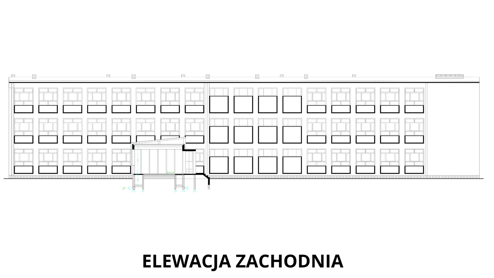 Elewacja zachodnia — Najdłuższy widok budynku: trzy kondygnacje powtarzalnych sal lekcyjnych z regularnym rytmem okien oraz wejście boczne z zadaszeniem pośrodku elewacji.