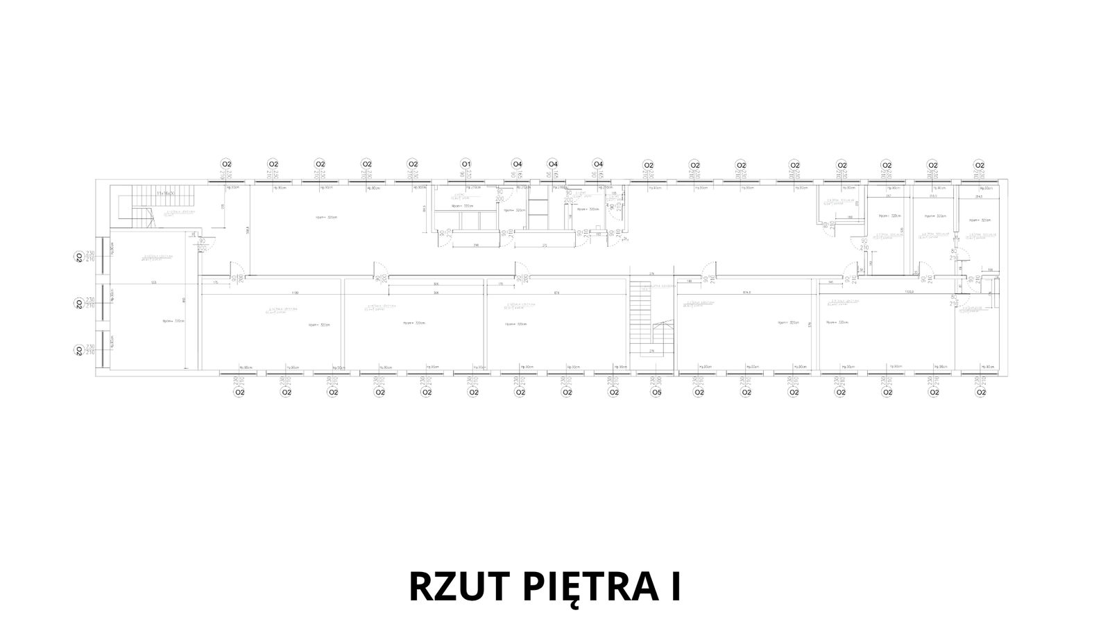 Rzut piętra I — Pierwsze piętro: powtarzalny układ sal lekcyjnych po obu stronach korytarza, klatki schodowe na obu końcach, zaplecze socjalne przy skrzydle wschodnim.