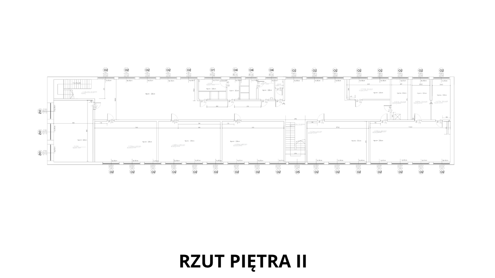 Rzut piętra II — Drugie piętro powtarza układ pierwszego, z windą i dodatkowymi pomieszczeniami socjalnymi w skrzydle wschodnim. Rysunek zawiera pełne wymiarowanie i oznaczenia stolarki.